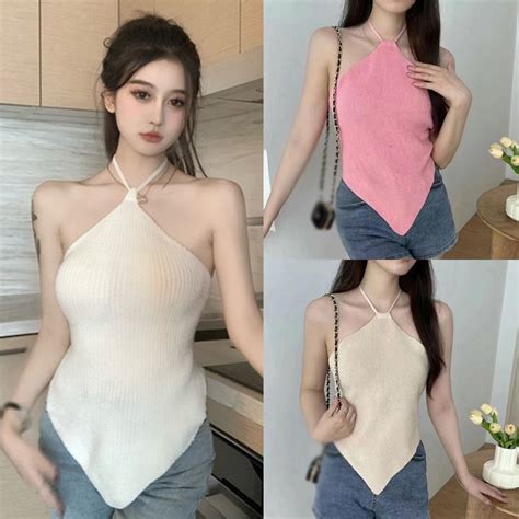 Women S Knitted Halterneck Vest Korean Irregular Crop Vest Solid Color Sexy Backless Strappy