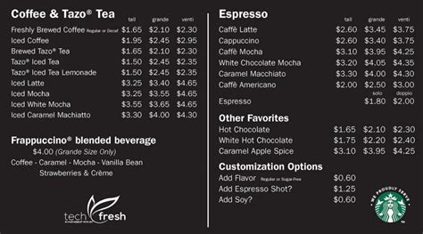 Prices For Menu And Prices For Starbucks