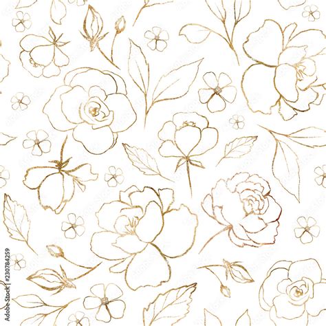 Seamless Pattern With Gold Flowers And Leaves Hand Drawn Background