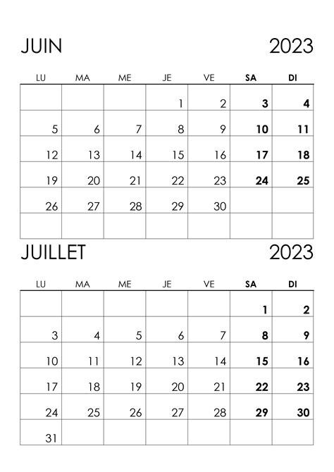 Calendrier Juin Juillet 2023 Calendriersu