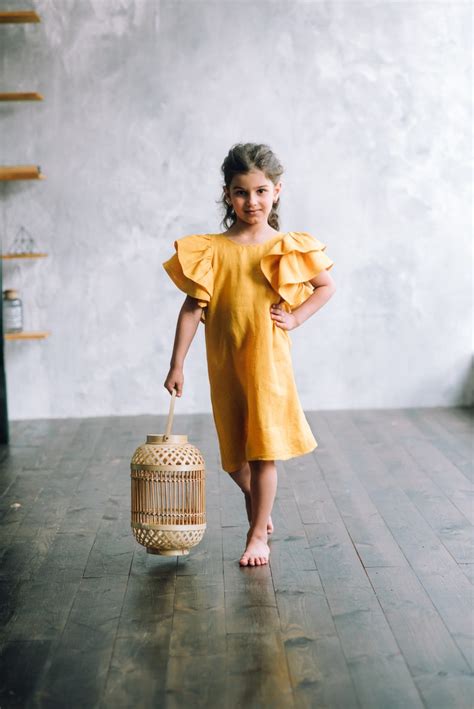 Girls Linen Dress Mustard Country Flower Girl Dress Linen Etsy