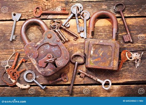 Old Locks And Keys On Wooden Table Stock Image Image Of Life Safety