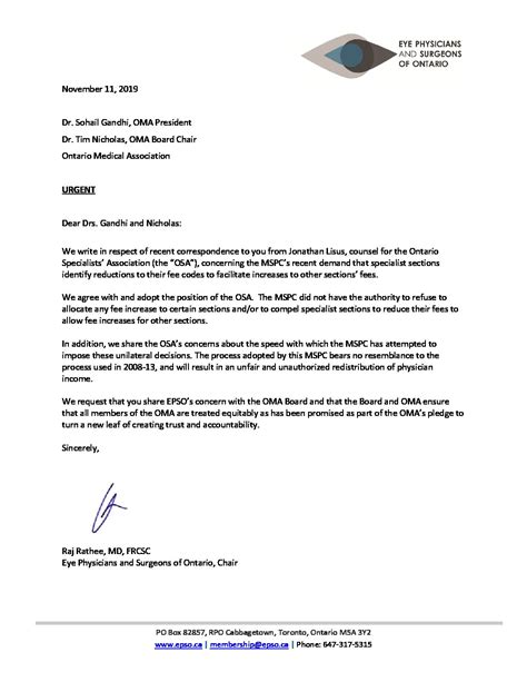 2019 11 11 Epso Letter To Oma President Re Mspc Eye Physicians And