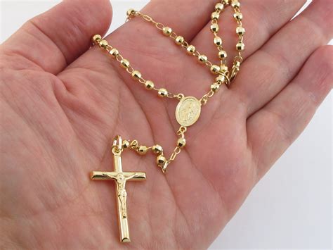 14k Yellow Gold Rosary Beads Necklace Virgin Mary Jesus Cross Etsy India