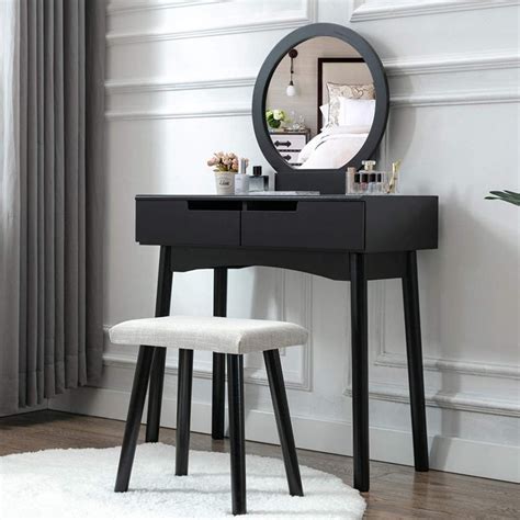 Ilalium Wooden Dressing Table With 2 Drawer Storage And Stool Black