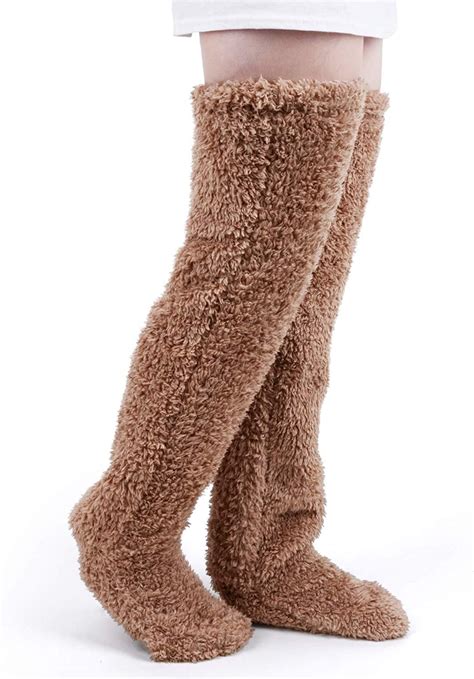 Peoaieh Over Knee High Fuzzy Socks Plush Slipper Stockings Furry Long Leg Warmers Winter Home