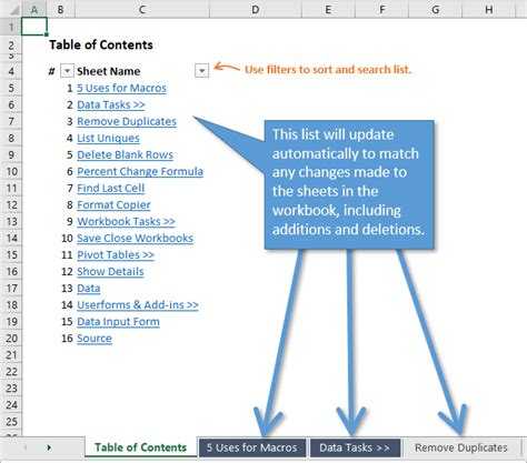 To manually add entries, for example when you want an unnumbered section, use the. Excel Table of Contents that Automatically Updates - Excel ...