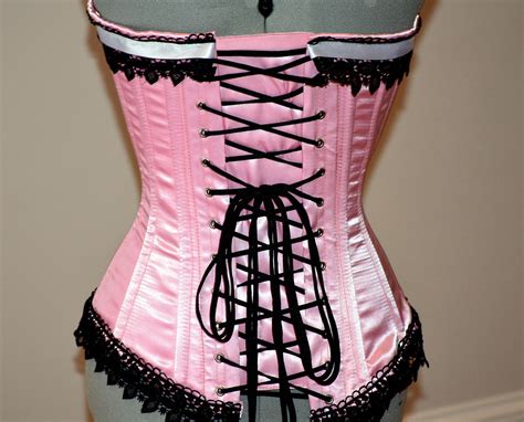 Classic Pink Satin Overbust Authentic Corset With Black Lace Steel