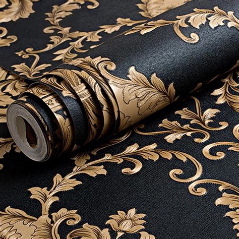 Luxury Embossed Black And Gold Damask Wallpaper Patterned Texture 3d Met