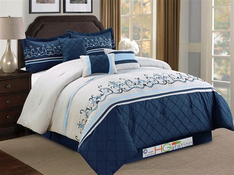 Darker blue, like navy, is associated with intelligence, stability, unity, and conservatism. 7-Pc Floral Damask Embroidery Diamond Comforter Set King ...