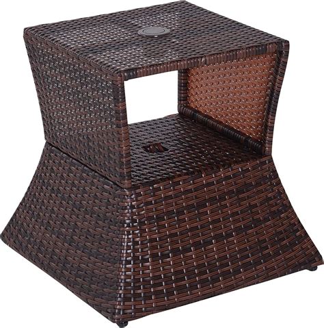 Outsunny Rattan Wicker Side Table With Umbrella Hole 2 Tier Storage Shelf For All