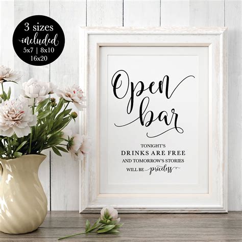 Open Bar Wedding Sign Modern Calligraphy Alcohol Signage Rustic Bar