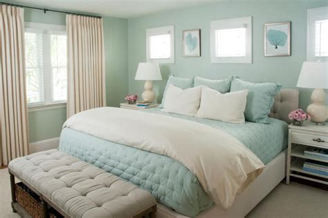 With Seafoam Green Walls Pale Blue Bedding And Framed Coral Prints