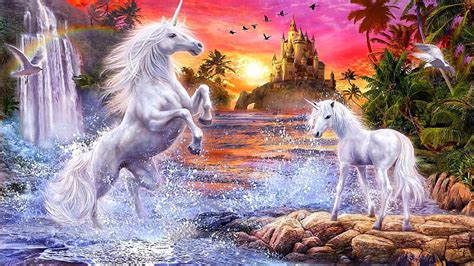 Red and black wallpaper, gundam, anime, mobile suit gundam unicorn. Fantasy Unicorns Castle Sunset River Falls Palm Flowers ...