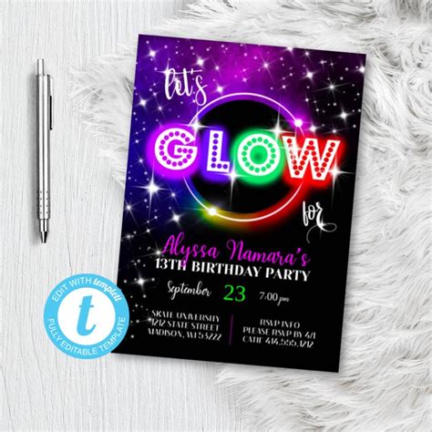 Glow Party Invitation Editable Neon Glow In The Dark