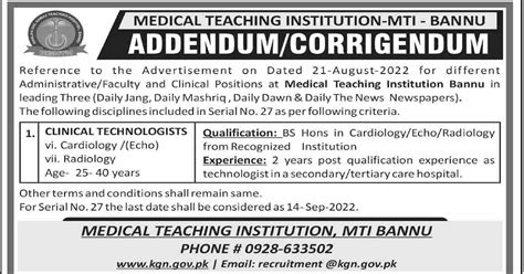 Medical Teaching Institution Mti Bannu Jobs Clebbio Government