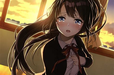 2560x1700 Anime Girl Crying Classroom Sad Face Brown Hair School