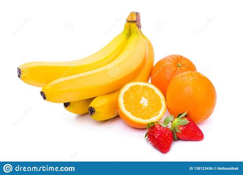 Tropical Fruits Bananas Oranges And Strawberries Isolate On White