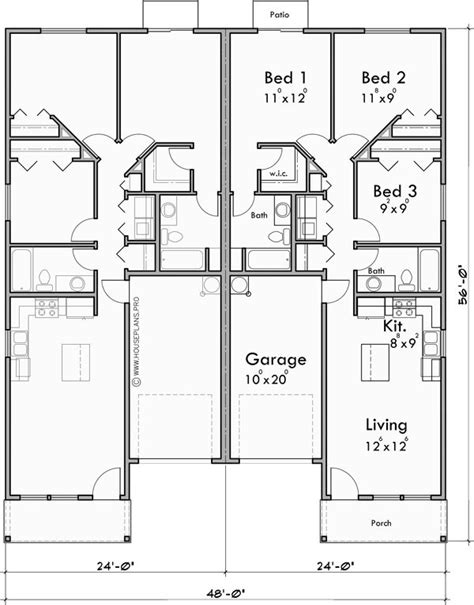 Duplex House Plan With Garage In Middle 3 Bedrooms Bruinier