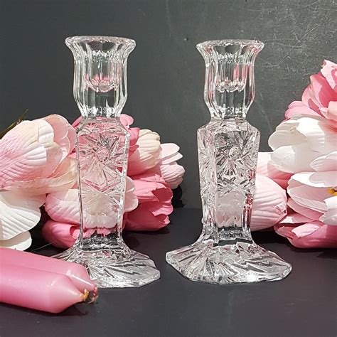 Pair Of Pinwheel Crystal Candlestick Holders Etched Star Of David