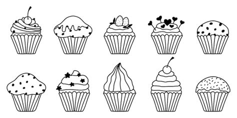 Set Von Cupcakes Im Doodle Stil Eine Sch Ne Sammlung Von Muffins Mit Kirscherdbeeren Creme