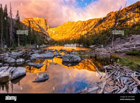 A Glorious Golden Sunrise On Dream Lake In Rocky Mountain National Park