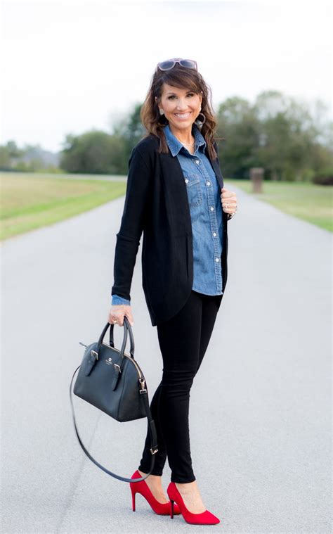 3 Ways To Dress Up A Denim Shirt Cyndi Spivey Black Dress Pants Outfits Dress Pants Outfits