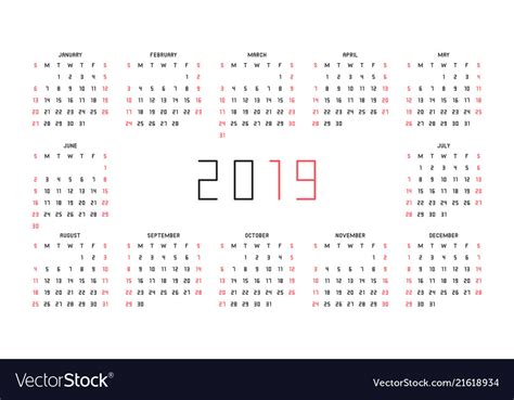 2019 Calendar Royalty Free Vector Image Vectorstock