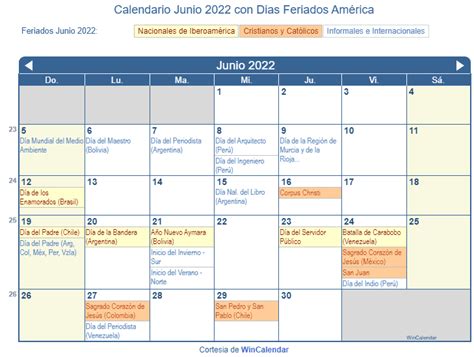 Calendario Junio 2022 Para Imprimir América