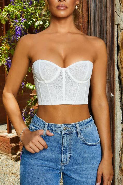 Lovestruck Semi Sheer Lace Bustier Crop Top In Oyster White Image Of Crop Top Bustier