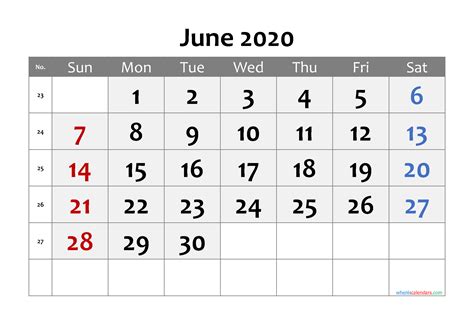 June 2020 Printable Calendar With Week Numbers 6 Templates