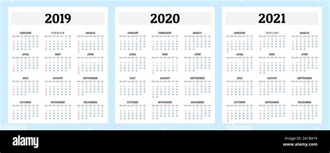 Calendario Anual 2019 2020 Y 2021 Plantilla Ilustración Vectorial