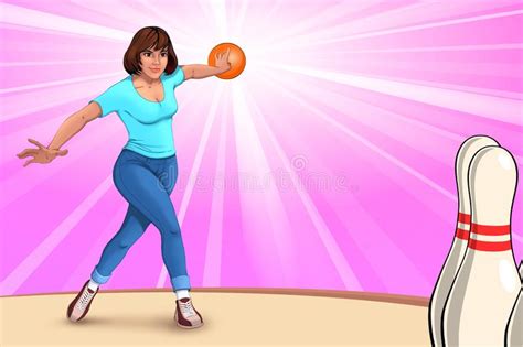 Girl Throws Bowling Ball On Bowling Pins Stock Illustration