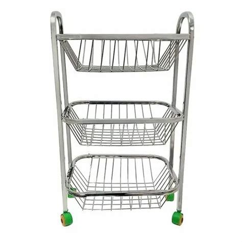 Mofna Stainless Steel 3 Shelf Square Fruits And Vegetable Trolley Basket