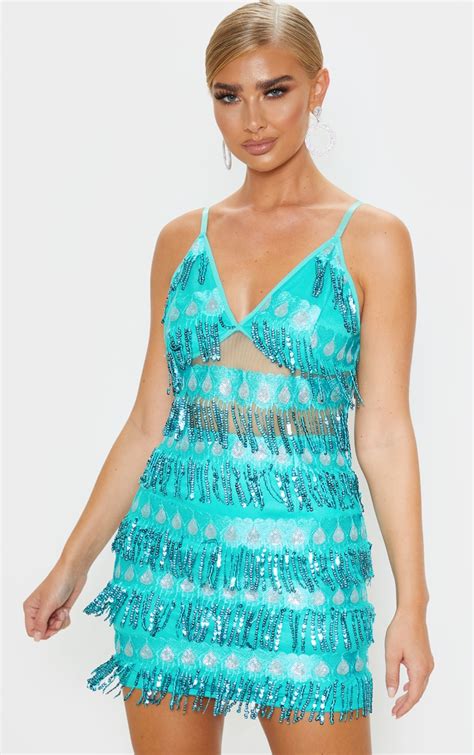 turquoise strappy sequin bodycon dress prettylittlething ca