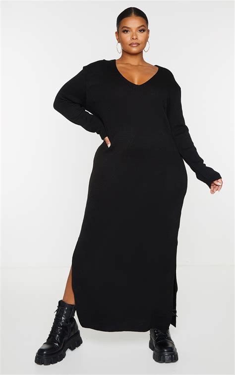 Plus Black V Neck Midi Knitted Dress Prettylittlething