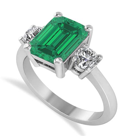 Emerald Round 3 Stone Emerald Diamond Engagement Ring 14k White