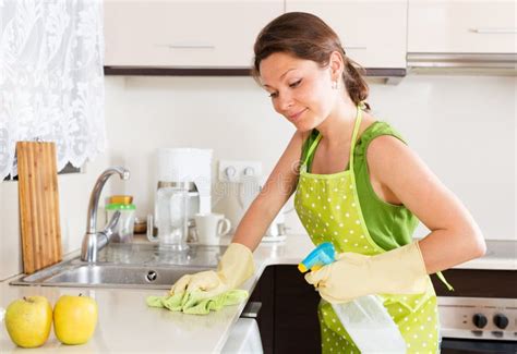 Muebles Sonrientes De La Limpieza Del Ama De Casa En Cocina Imagen De