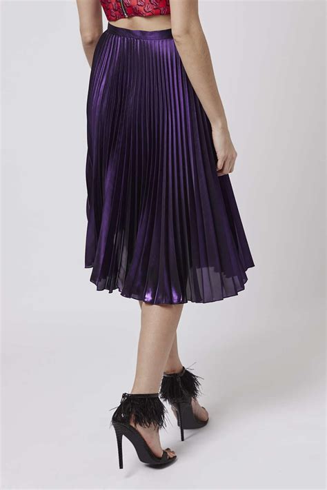 lyst topshop foil pleated midi skirt in purple