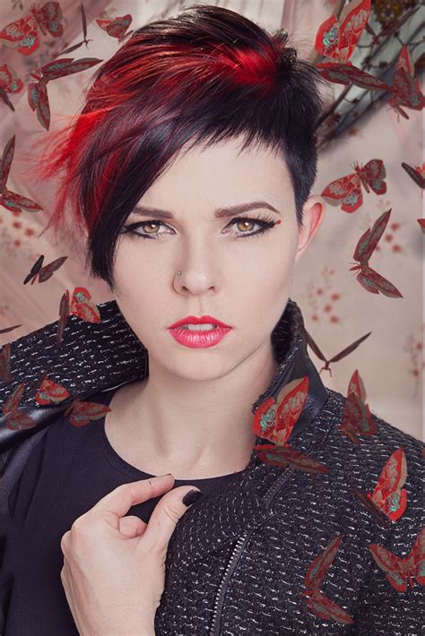 Short Black Hair With Red Color Accents