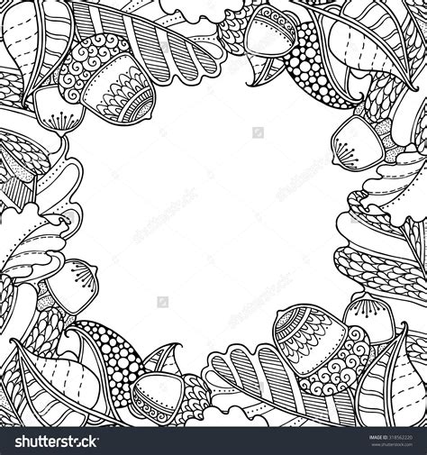 Ornamental detailed blossom flower black outline white isolated. Nature frame with Oak leaves and acorns in doodle style ...