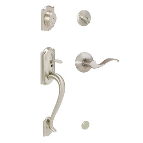 Handlesets by better home products are a great way to add class to your home's entry way. Schlage Camelot Satin Nickel Keyed Entry Door Handleset in ...