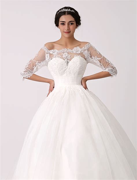off the shoulder princess lace wedding dress with illusion neckline milanoo