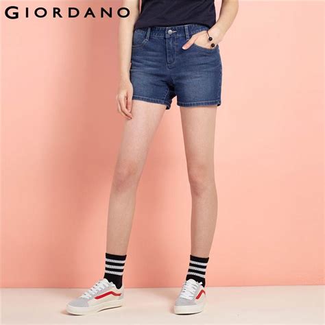 Giordano Women Denim Shorts Slim Button Zip Fly Shorts Whiskering
