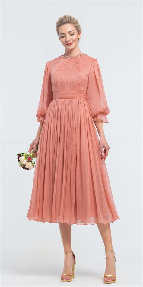 Modest Beaded Soft Terracotta Midi Bridesmaid Dresses With Sleeves In