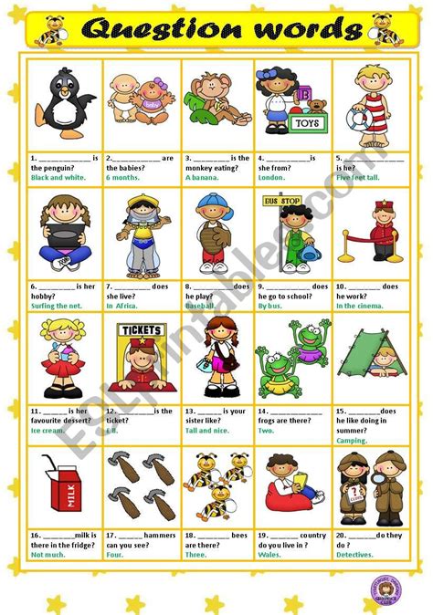 Take advantage of various sensory activities with your preschool and kindergarten kids! QUESTION WORDS - BEGINNERS - ESL worksheet by macomabi