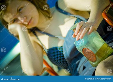 Girl With Bottle On Beach Stock Photo Image Of Relaxing