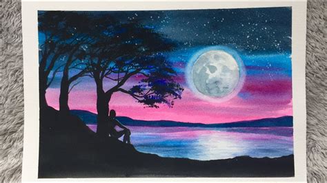 Moonlight Night Freehand Landscape Painting Easy Step By Step