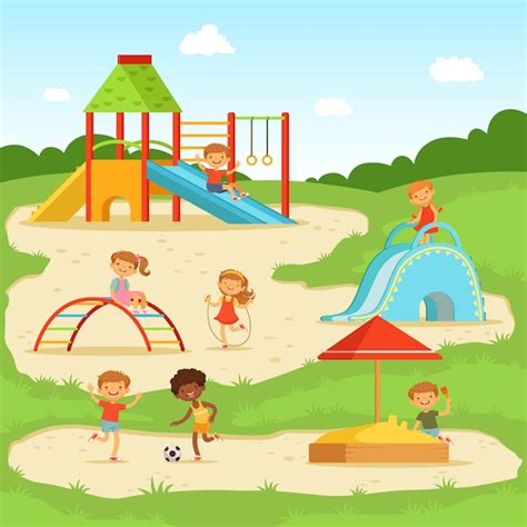 Premium Vector Funny Children At Summer Playground Kids Playing In
