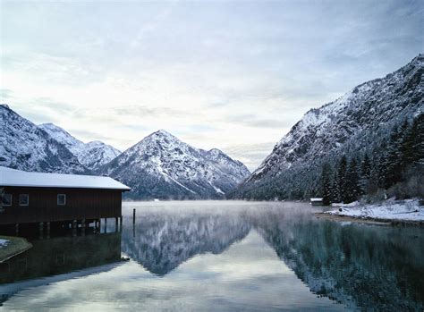 Free Picture House Lake Coast Water Snow Winter Reflection